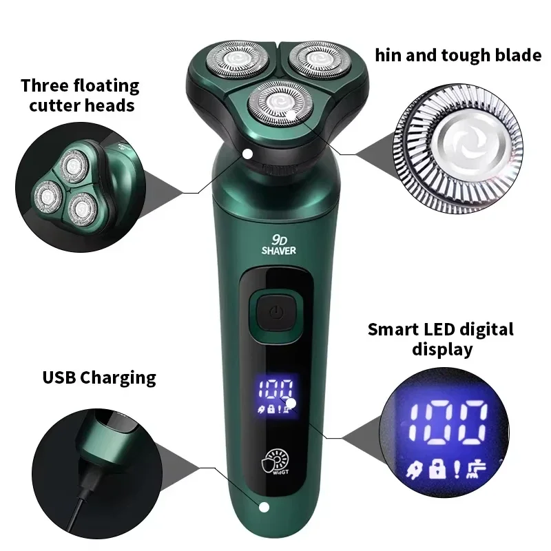 Nueva Afeitadora eléctrica con pantalla Digital LED, maquinilla de afeitar flotante de tres cabezales, recargable por USB, cuchillo para Barba portátil multifunción
