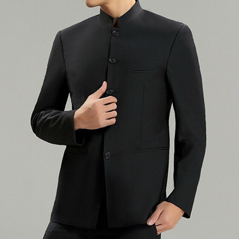Mens Black Suit Jacket Stand Collar Chinese Formal... – Grandado