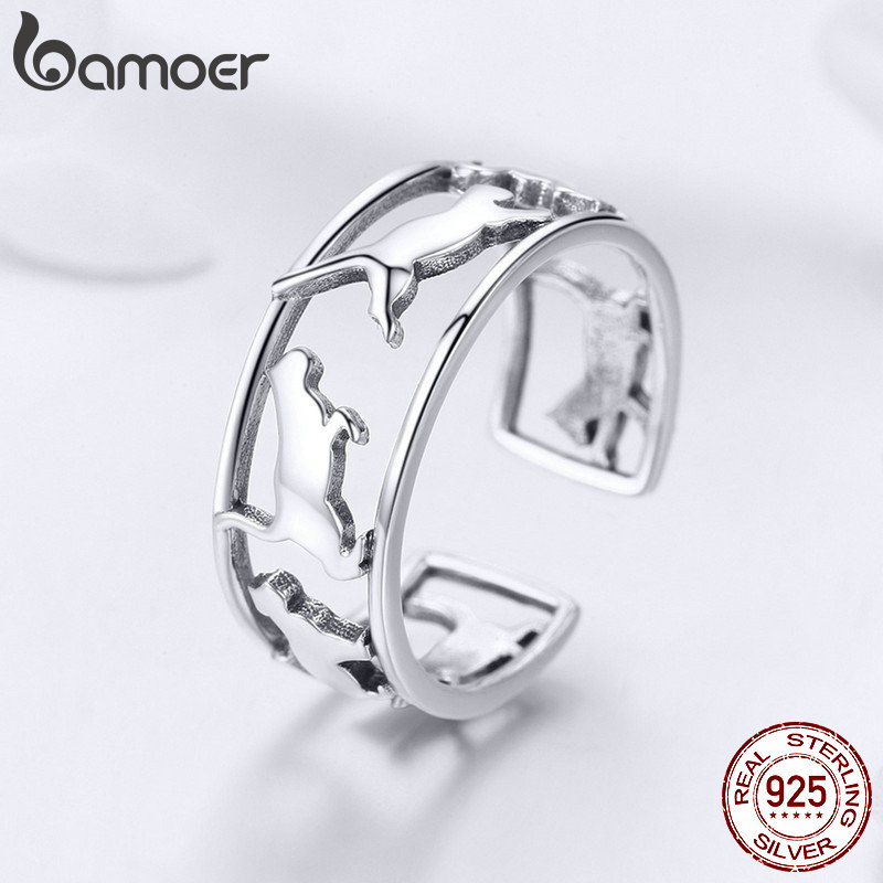 BAMOER 925 Sterling Silber Spielen Katze Muschi Cocktail Finger Ringe für Frauen Glückliche Katze Ebene Ring Schmuck SCR473