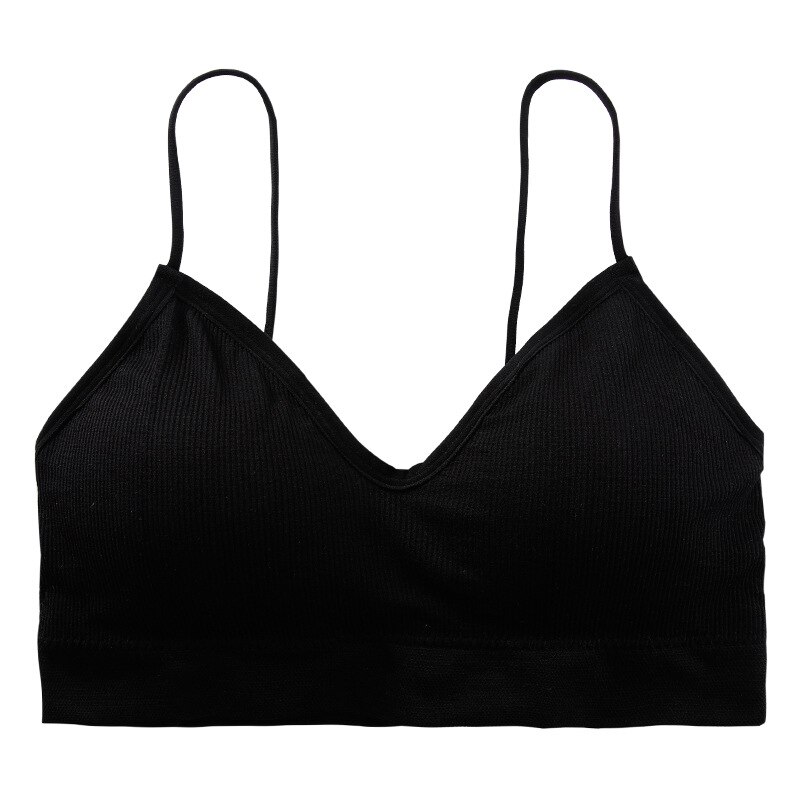 7 kleuren v-hals dames bh onderkant draad brei bh spaghettibandjes ondergoed zonder beugels gewatteerde naadloze topjes: Zwart