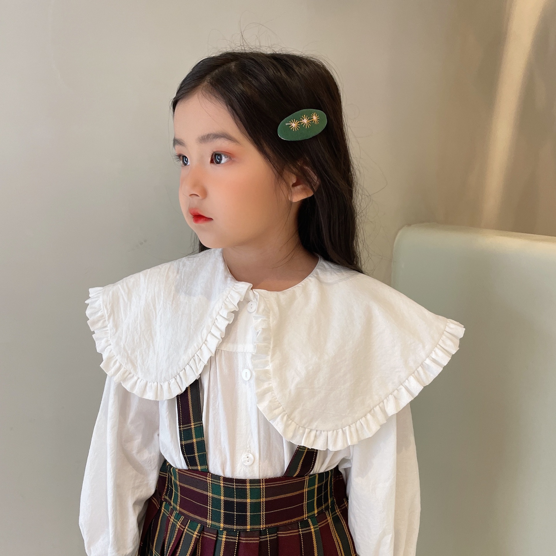 Abito alla moda per ragazze due pezzi 2021 colletto per bambole autunnale camicia a maniche lunghe in cotone con risvolto grande e gonne a quadri scozzesi: blouse / 100cm