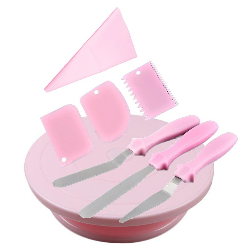 8 stks/set Roze Taart Draaitafel Met 3 Icing Spatel/3 Deeg Schraper/1 Spuitzak Cake Decorating Gereedschap set Diy Bakken Tool: Default Title