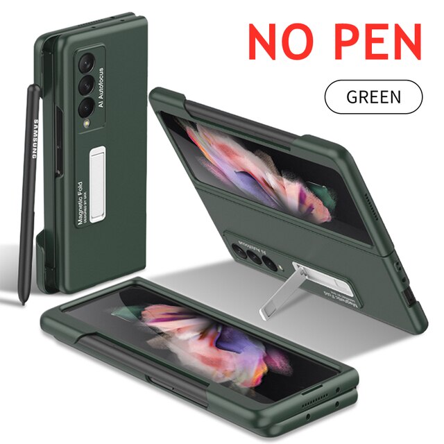 Magnetische Kickstand Pen Houder Slot Case Voor Samsung Galaxy Z Vouw 3 Case Met Mobiele Telefoon Stylus Pen Matte Hard pc Cover: Dark Green NO  Pen