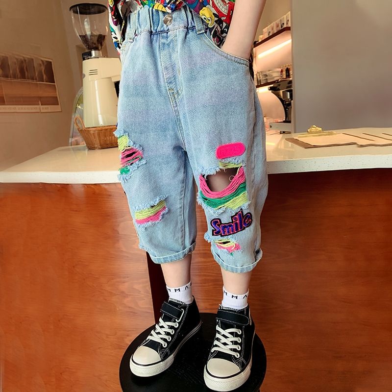 Pantalones vaqueros rasgados para niños y niñas de 2 a 12 años, sección delgada, ropa exterior juvenil, pantalones recortados de Graffiti, novedad de verano: 160 (11-12Y)