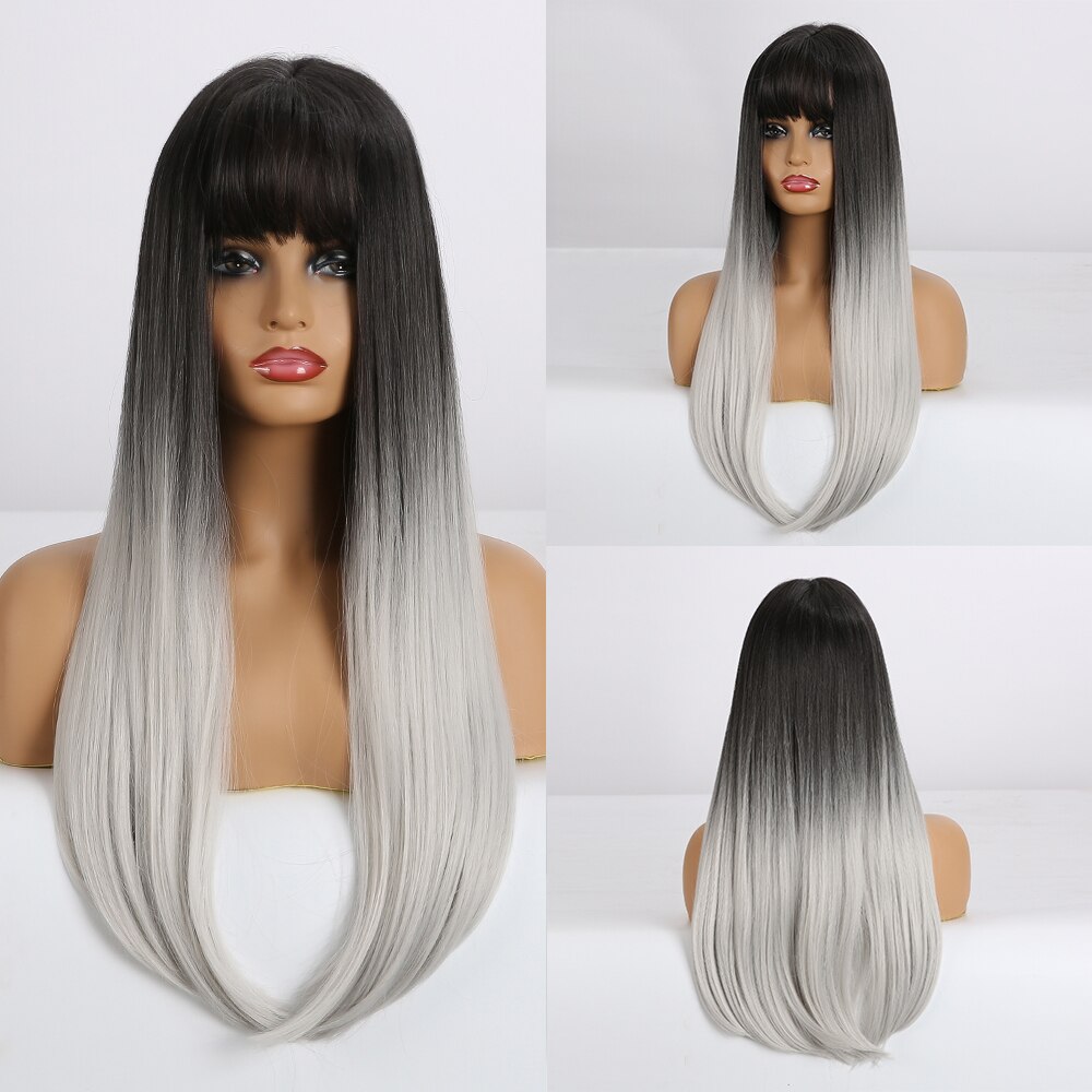EASIHAIR, pelucas largas rectas de color negro a marrón con flequillo, pelucas sintéticas de pelo Natural, pelucas de Cosplay diarias, resistentes al calor: LC143-1