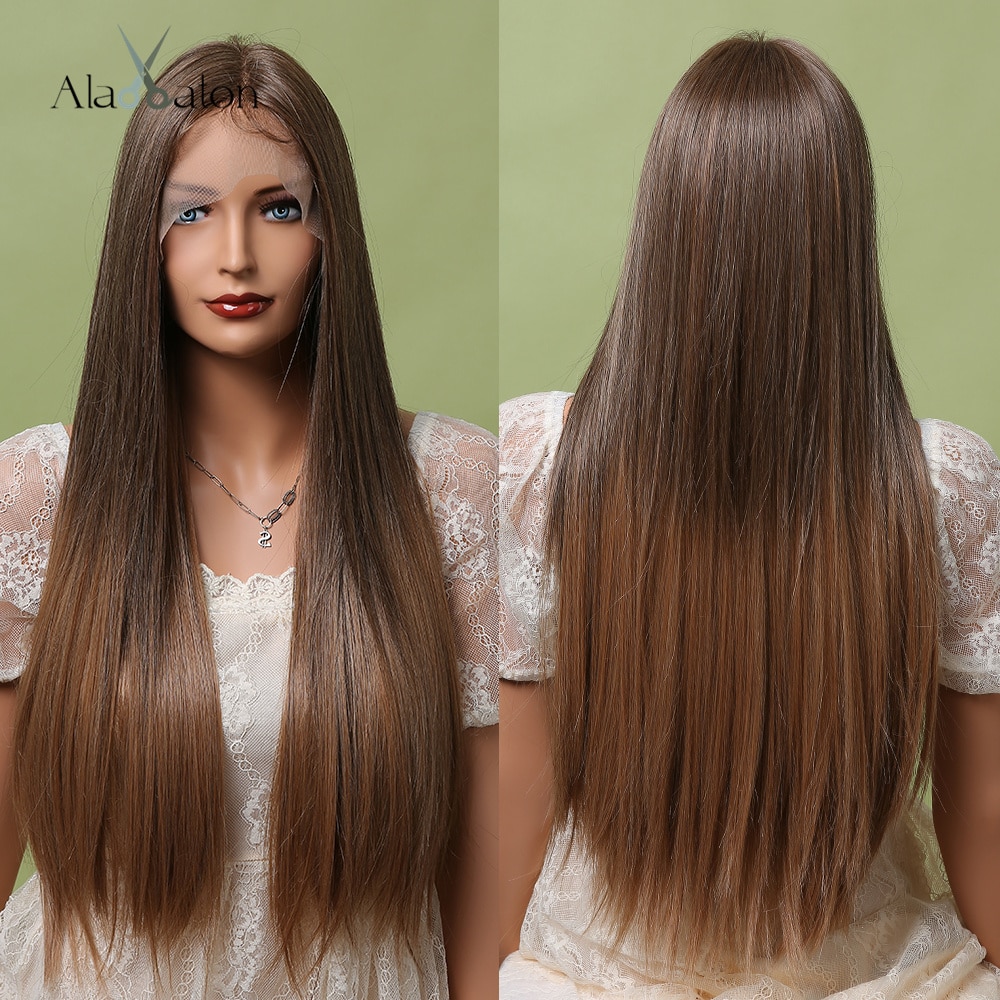 ALAN EATON Long Straight Ash Brown to Warm Brown Synthetic Lace Front Wig for Women Middle Part Heat Resistant Lace Hair Wigs