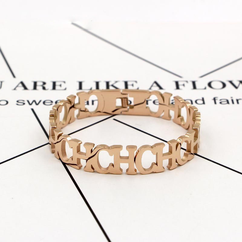 316L Stainless Steel Gold Color Bangle Hollow CH Letter Spring Open Bangle Bracelet For Women Jewelry