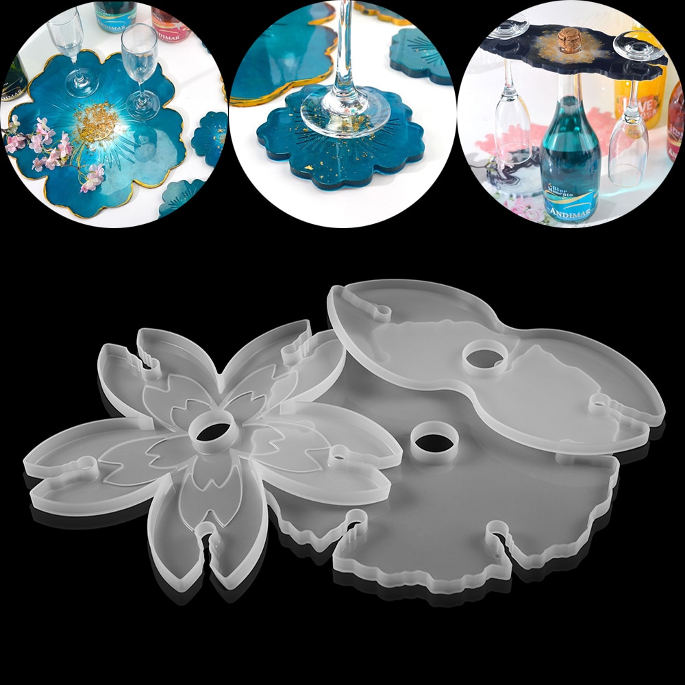 1 set wijnglas, doorzichtige bloemenbekermat, epoxyharsmallen, glazen onderzetters voor doe-het-zelf hars-epoxymal, siliconen sieraden, knutselen