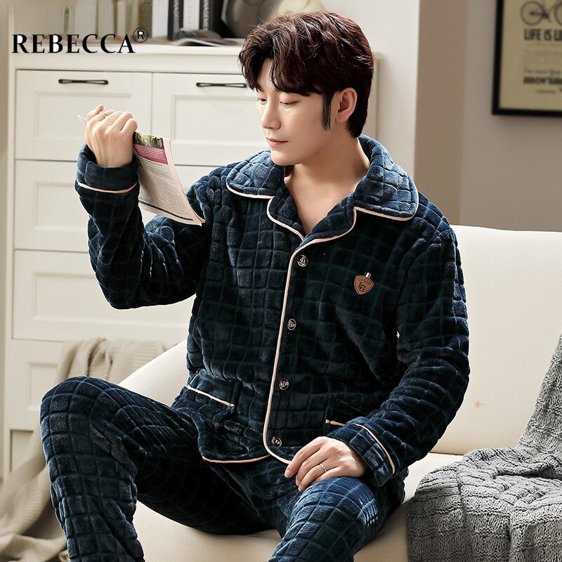 Autumn Winter Coral Fleece Warm Two-piece Pajamas Set Men Long Sleeve Lapel Buttons Night Homewear Pyjamas XXXL