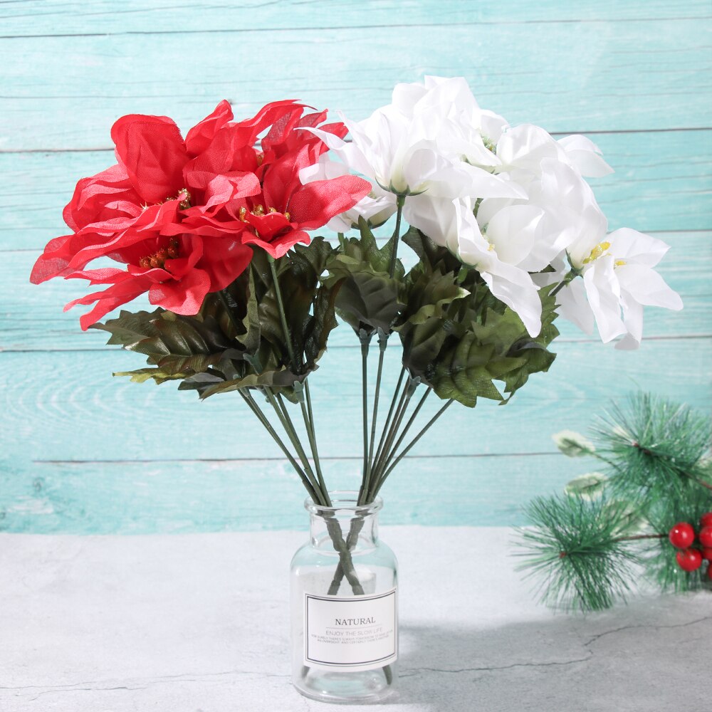 7 Heads/bunch Artificial Christmas Flowers Real Touch Flannel Red Poinsettia Bushes Bouquets Xmas Tree Ornaments Centerpiece