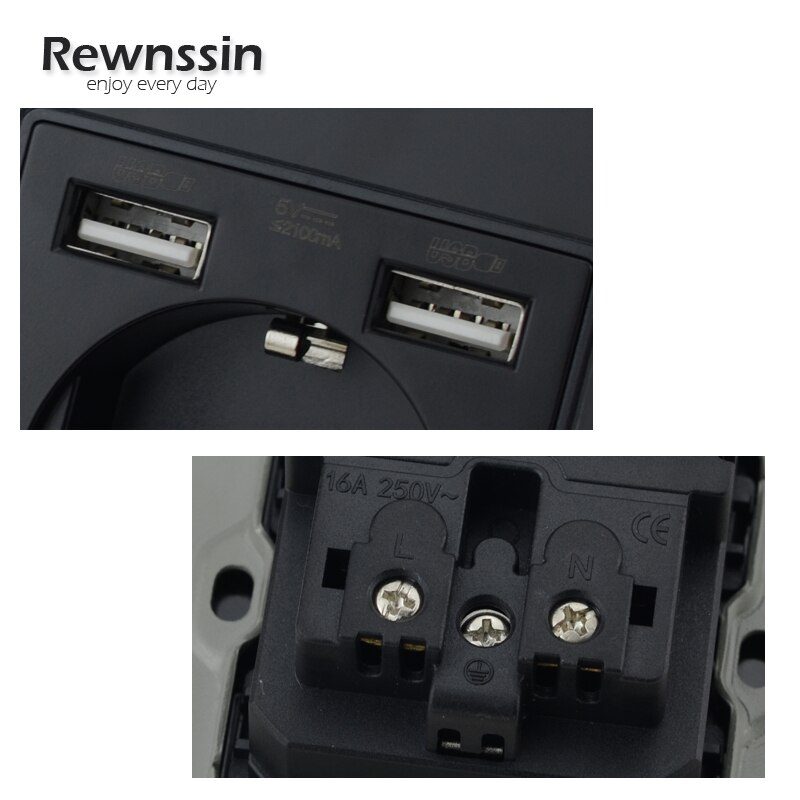 Usb Muur Plug Mobiele Telefoon Opladen Outlet Eu/Franse Stopcontact Met Dual Usb-Poorten Opladen Zwart Geborsteld Aluminium panel