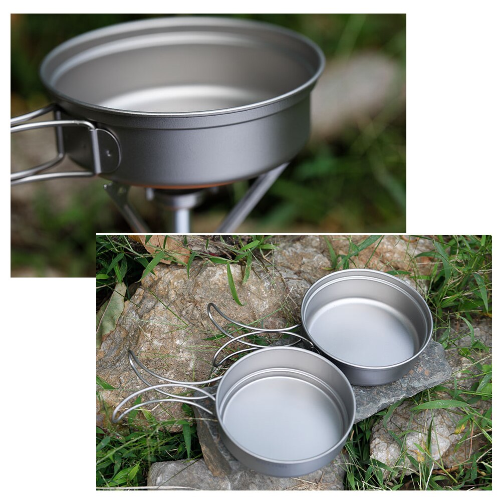 Ultralight titanium 1100ml pot 350ml frigideira panelas panelas ao ar livre acampamento piquenique conjunto de cozinha com alças dobráveis