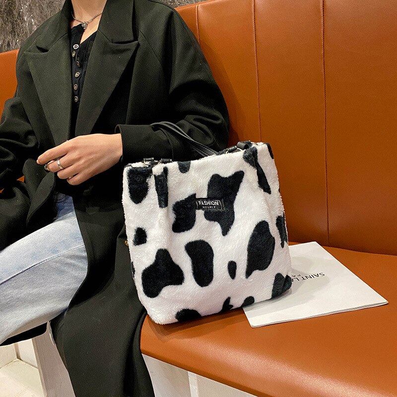 Vinter plys mini taske leopard print label skulder bøtte tasker til kvinder hasp større kapacitet fløjl shopper underarm taske