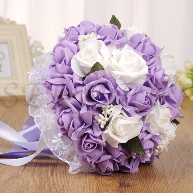 Ramos de novia de flores Artificiales, accesorios de boda, Blanco, Morado, AZUL CIAN, 9,8 pulgadas: Púrpura