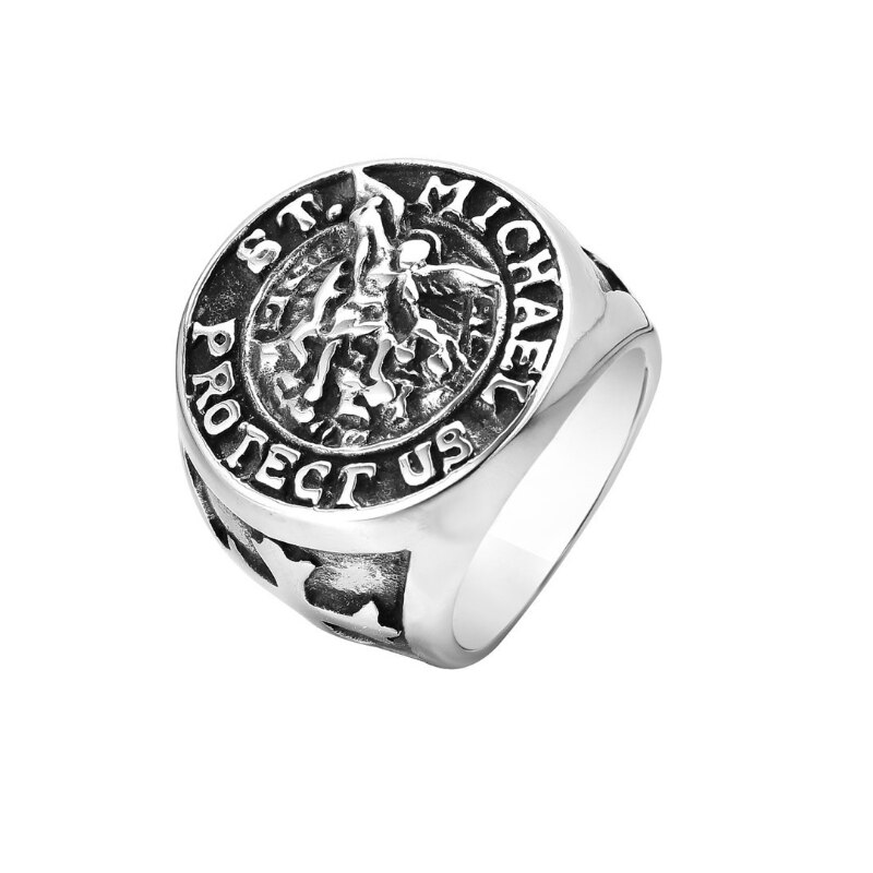 Personality Cross St. Michael Signet Ring Men Boys Stainless Steel Good Lucky Talisman Religious Biker Ring Jewelry: 8 / Silver