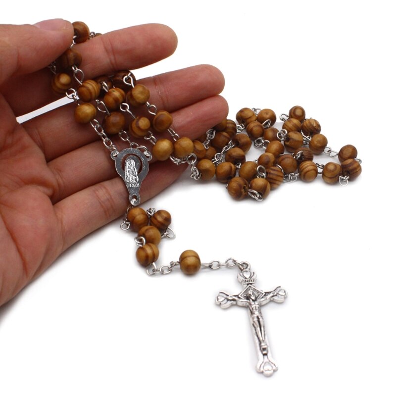 Retro Houten Rozenkrans Kralen Ketting Voor Vrouwen Cross Jezus Hanger Religieuze