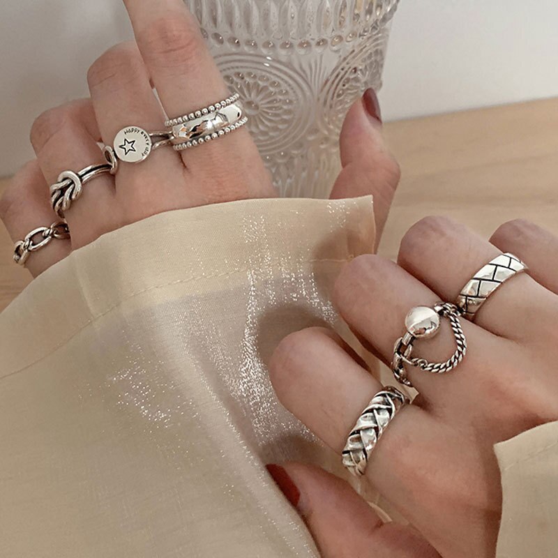 ANENJERY 925 Sterling Silver Combination Rings for Men Women Retro Personality Niche Chain Rings Party Jewelry