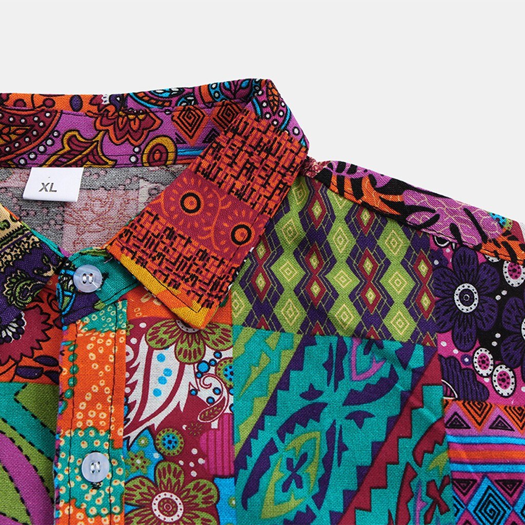 Plus Size Shirts Men Cotton Linen Printed Short Sleeve Casual Turn-down Collar Shirts Tie Summer Tops Clothing