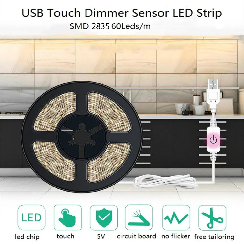 Led Strip Lampjes Touch Schakelaar Dimmer Usb Dc 5V 30Leds/M 2835 Flexibele Verlichting Tape Lint Voor Kamer Keukenkast Verlichting Decor