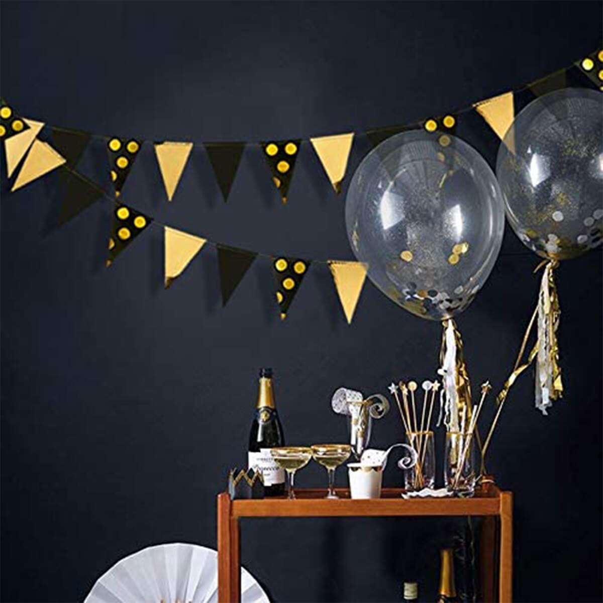 Black Gold Foil Polka Dot Pennant Banner Paper Triangle Flags Bunting Garland for Wedding Baby Shower Birthday Party Decorations