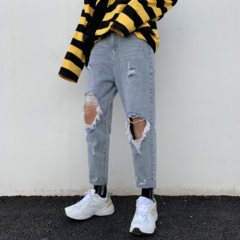 Zomerjeans heren slim gewassen effen kleur casual gat spijkerbroek heren streetwear wilde hiphop denim broek heren: Xxl