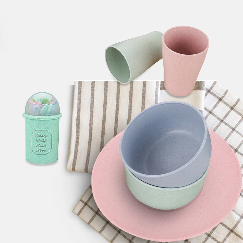 Husholdningskopp, tallerken, frokostblandingsbolle i én pakke, fruktgaffel, servise, risbolle, miljøvennlig plastbolle med hvetestrå