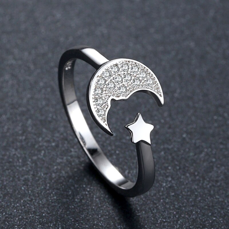 Crazy Feng-Anillos ajustables con forma de Luna y estrella plateada, bisutería de lujo de cristal para compromiso de boda, para amantes