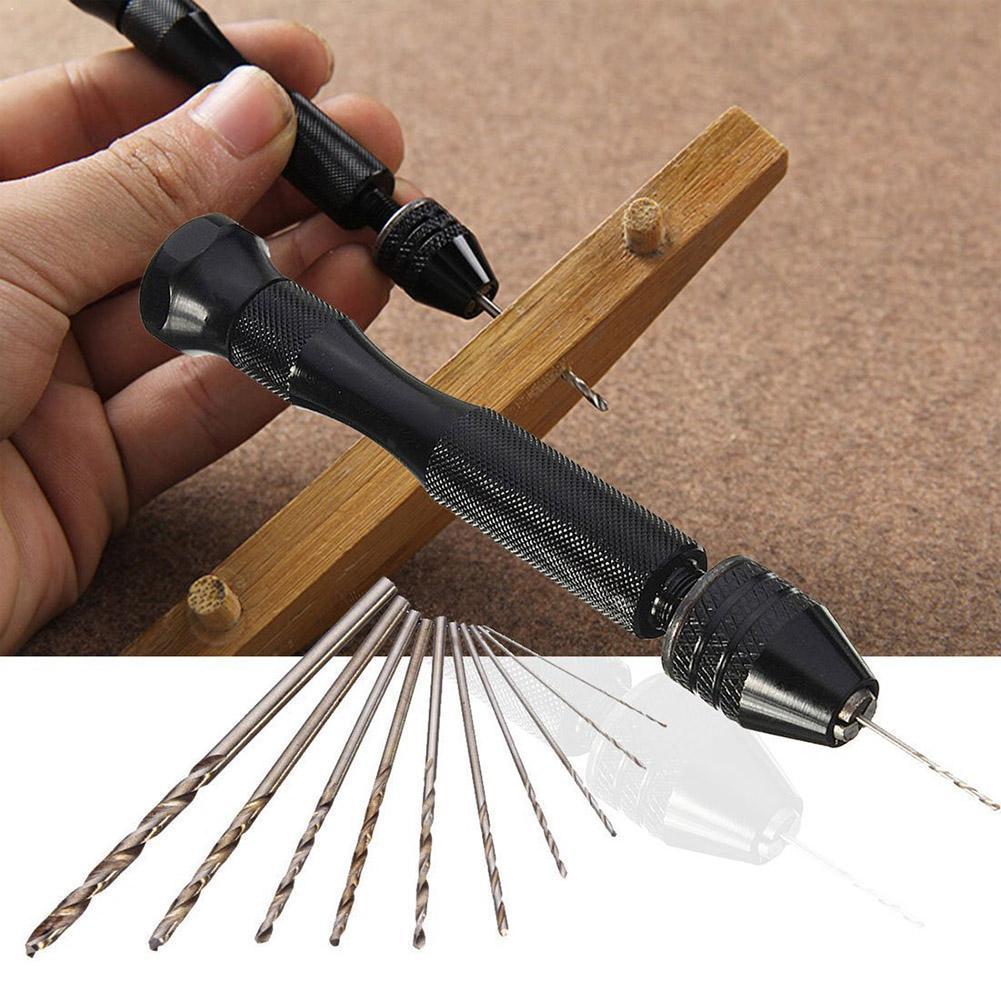 Mini Micro taladro manual de aluminio, mandril sin llave y 10 uds, brocas, herramientas rotativas helicoidales H4D8