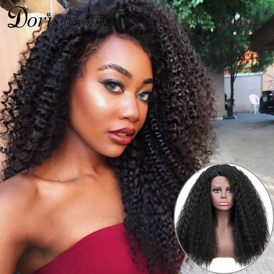 Doris beauty Synthetic Lace Front Wig Long Afro Kinky Curly Natural Partial Black Wigs for Women