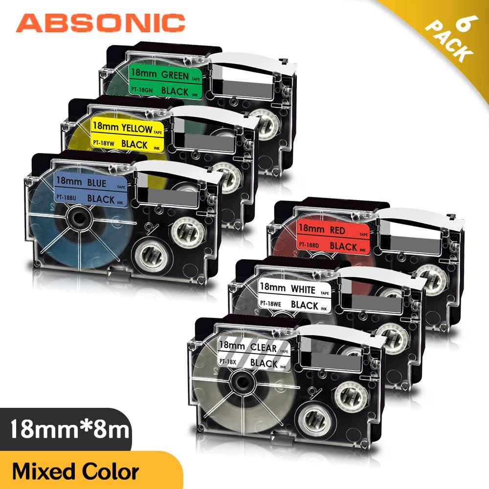 Mixed Color 3/4" Labels For CASIO XR-18WE XR-18RD XR-18BU XR-18YW XR-18GN Label Tape 18mm For CASIO KL-130 KL-120 KL-430 Labeler: 6PK Mixed Color