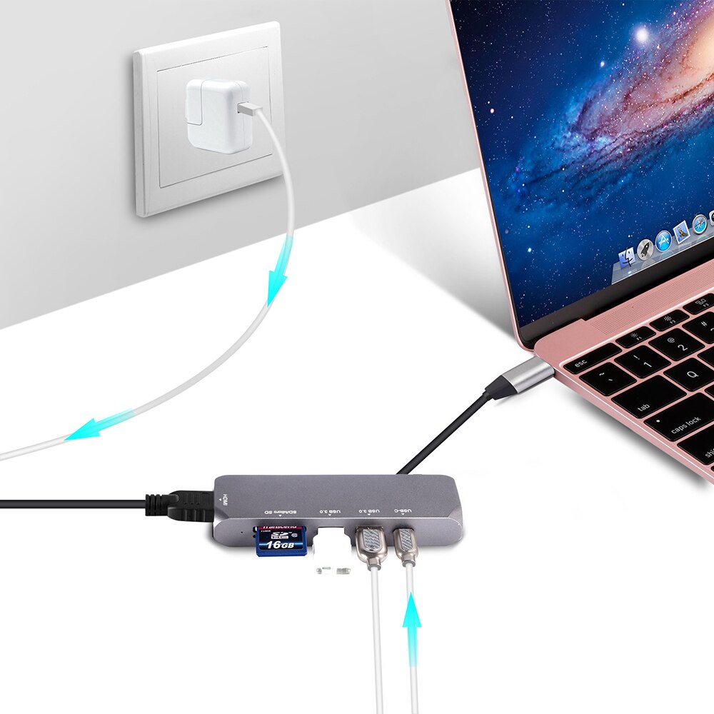 type -c 6 i 1 dokking hdmi 4k usb 3.0*2 sd/ mikro sd-leser type-c frakt  pd 60w