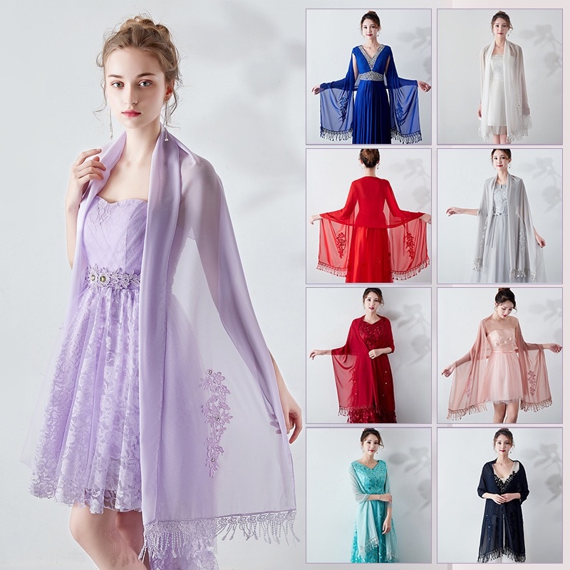 Longue mousseline de soie étole dentelle Appliques perlées robes de soirée châles de mariage enveloppes avec gland Capes de mariée fête