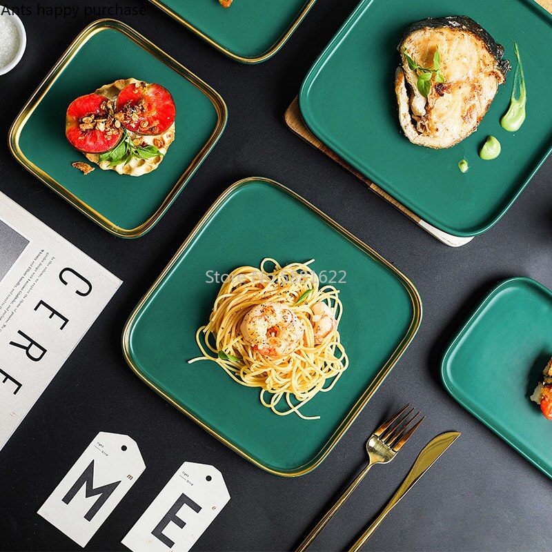 Nordisk keramik western tallerken grøn husholdning firkantet service restaurant phnom penh bøf fad køkkenredskaber snack kagebakke