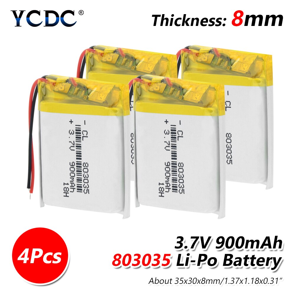 Polymère Lithium batterie 900 mah 3.7 V 803035 smart home MP3 haut-parleurs Li-ion batterie pour dvr, GPS, mp3, mp4, mp5 batterie externe, haut-parleur: 4Pcs