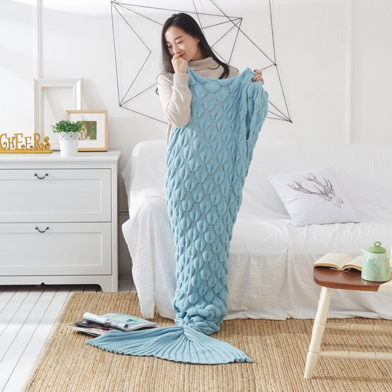 Knitted Mermaid Tail Blanket Fish Scales Crochet Handmade Sleeping Bag for Kids Adult Birthday Christmas