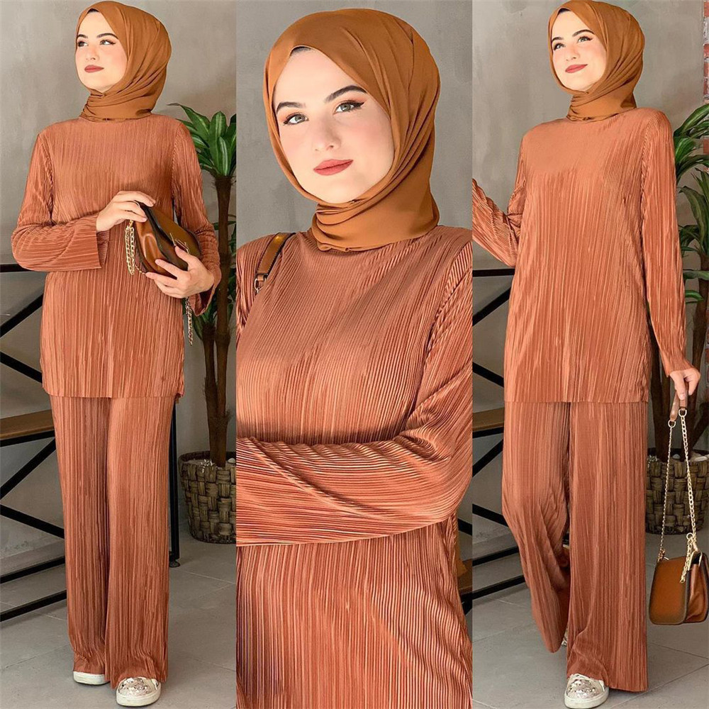 Ensemble 2 pièces pour femmes musulmanes, manches longues plissées, hauts, jambes larges, pantalons, costume, dubaï, Abaya, Kaftan turc, robe Eid Mubarak