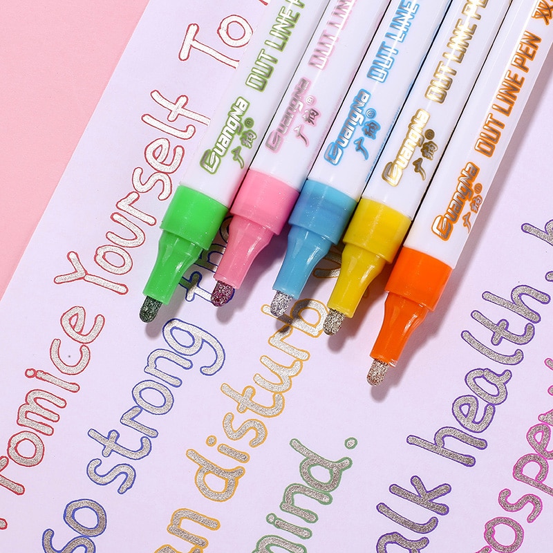 12 pièces/ensemble stylo Double ligne couleur métallique contour magique marqueur stylo Album de bricolage stylos de marquage pour la peinture fournitures scolaires de bureau