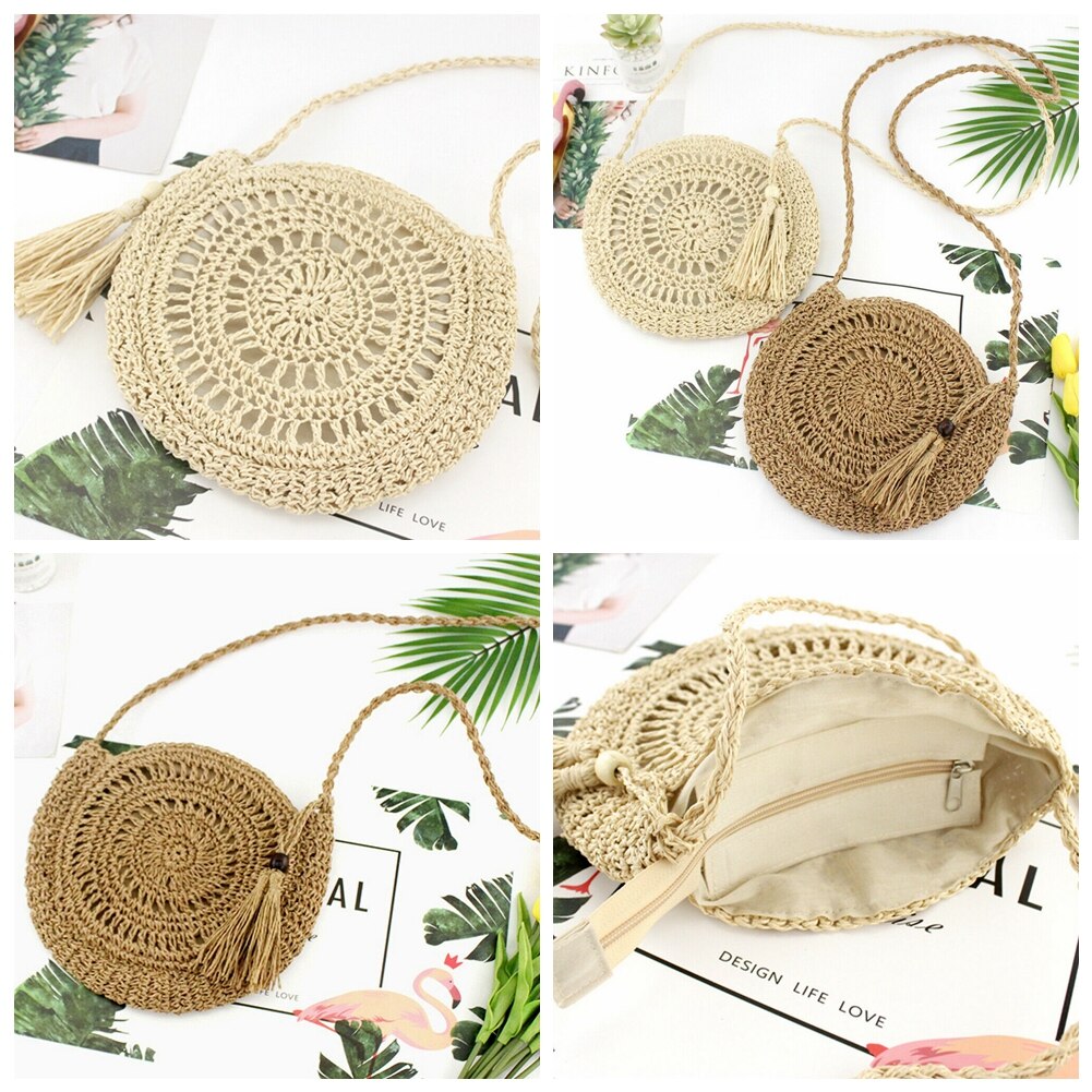 Strozak Rotan Geweven Ronde Kwastje Messenger Handtas Schoudertas Tote Purse Rits Zak Ronde Pluizige Geweven Tote Handtas