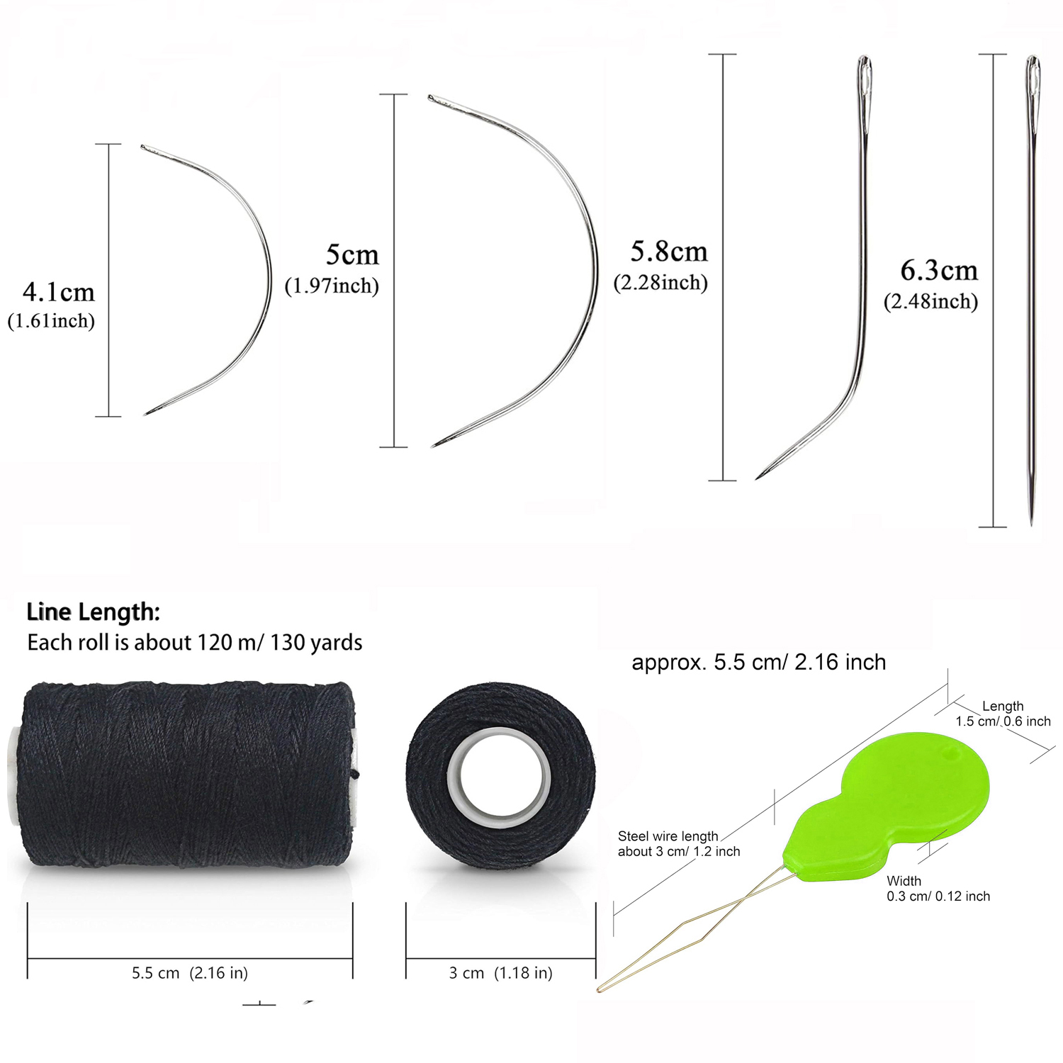 Illac and Thread for Hair Extensions, Hair Weave, SeOOThreads, 1 Roll, 4Pcs, C J I Shape, Curved Grossier les Dés and 1 NeelsThimble