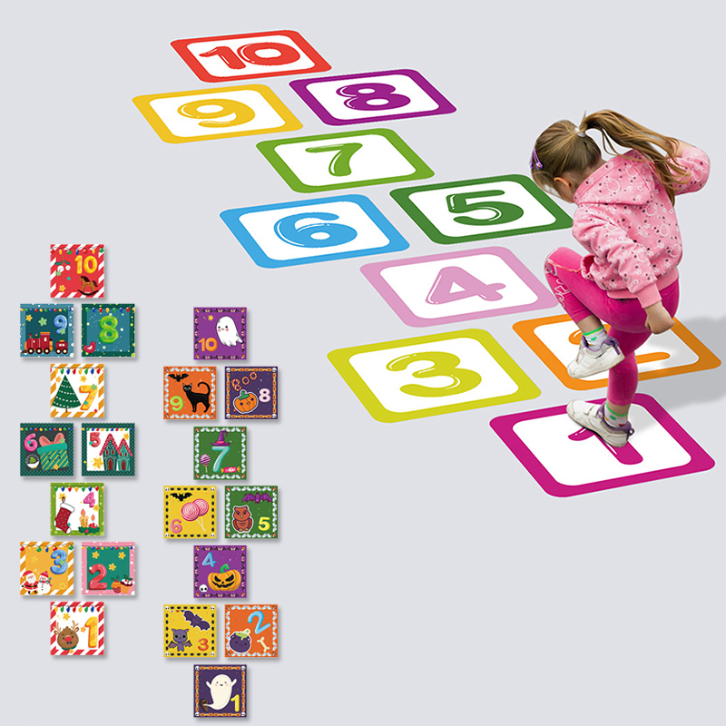 10 Cartoon Floor Sticker Hopscotch Kid Children Digital Grid Wall Decoration Cute Number Teenager Jump Game Decals Self-adhesive