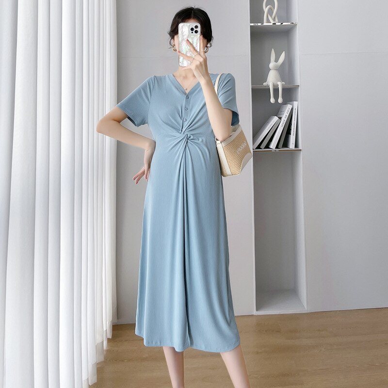Maternity knitted Blue Short Sleeve Dresses Pregnant Women Clothes Pregnancy Dress Maternity Party Dress: Blue / XL