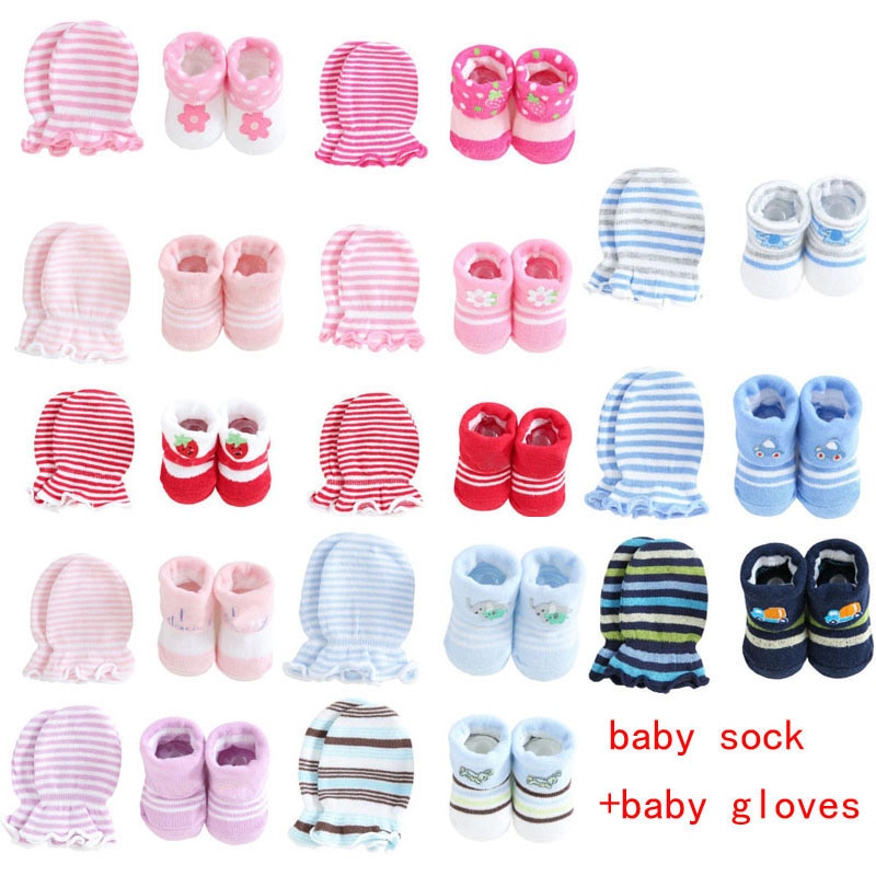 Søde tegneserie baby sokker + handsker stribet dot baby sokker sæt