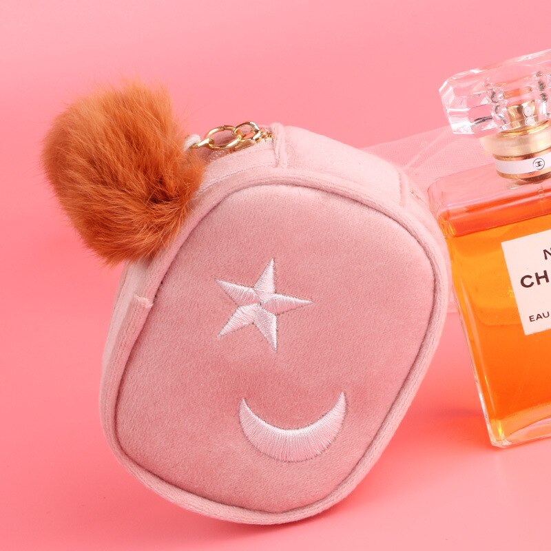 Dziewczyny monety kiesy jednolity kolor wykwintne haftowane gwiazdy zamek błyskawiczny kosmetyki szminka monety kiesy pluszowy wisiorek przenośne monety kiesy: lekki różowy