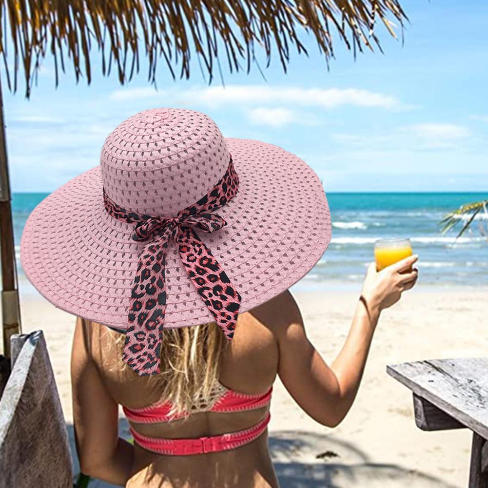 Chapeaux de Protection solaire pour femmes, couvre-chef de plage en paille fait à la main, style Boho décontracté, nœud papillon léopard, à large bord, été,