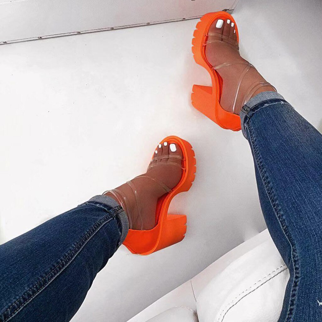Sandaler dam chunky klackar med dragkedja vattentät plattform höga klackar skor sandaler svart orange fyrkantig klack