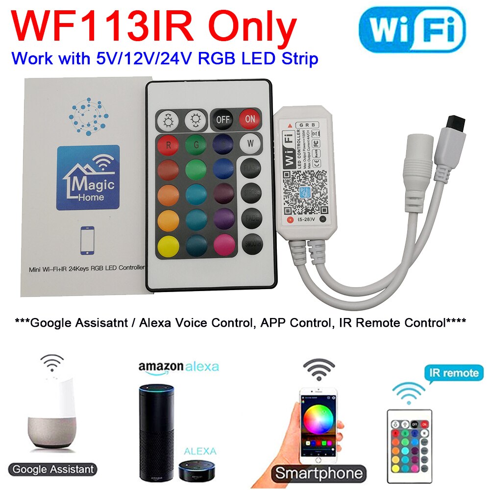 Magic Home-controlador de tira LED para teléfono inteligente, RGB, RGBW, Bluetooth, Control RF/infrarrojos, Control remoto por voz, Alexa y Google: WF113IR 24Key RGB