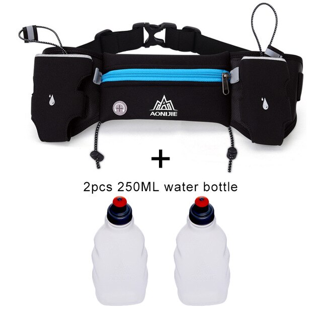 Aonijie sport hydrering bælte flaskeholder pakke justerbare talje bæltetasker marathon løb reflekterende racing fitness: Blå med 2 flasker