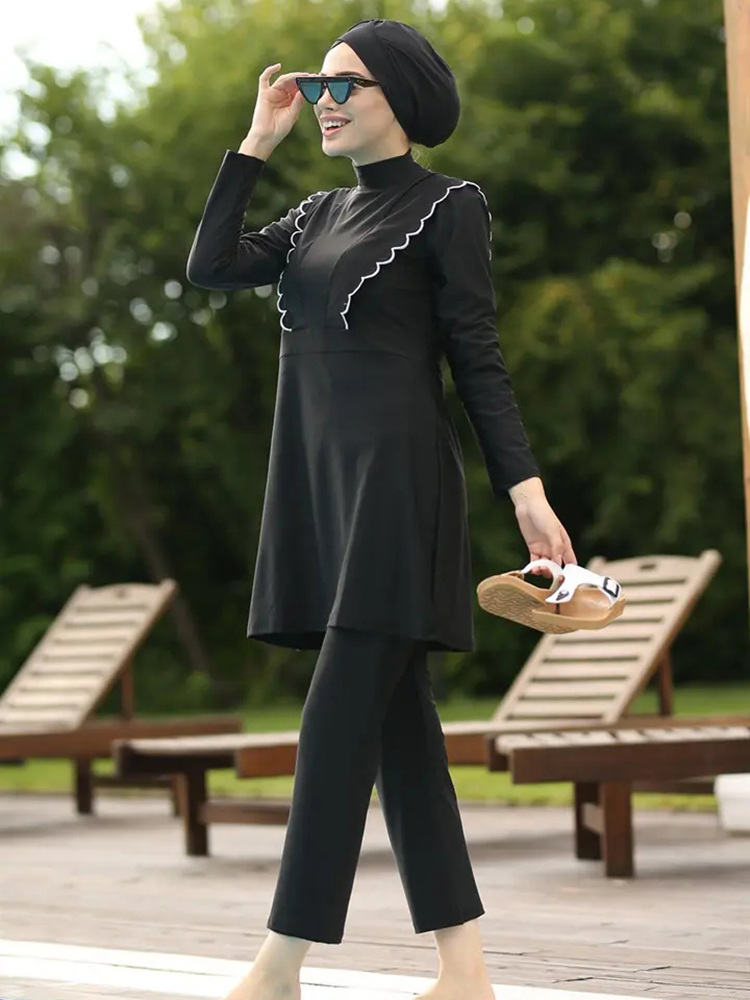 3 stk. sort serie beskeden burkini femmes muslimsk badedragt badetøj sommer strand dame badedragt lotusblad kant: M / Fløde