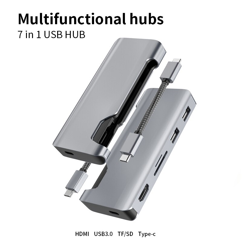 type -c7 i 1 smart dockingstasjon med 2 x usb 3.0 +  sd + tf + hdmi  + rj45 +  pd type-c omformer