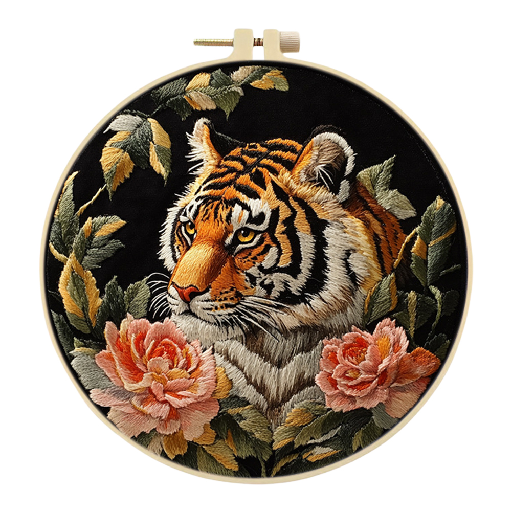 Tiger Stamped Cross Stitch Embroidery Kits with Hoop Cloth Color Thread